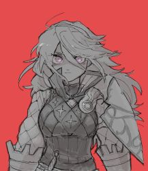 Rule 34 | 1girl, breasts, dmai7fqaspht5e4, fire emblem, fire emblem fates, gambeson, hairband, high collar, highres, long hair, looking at viewer, medium breasts, nintendo, pink eyes, red background, simple background, soleil (fire emblem), solo, spot color, upper body