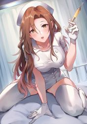 Rule 34 | 1girl, blush, breasts, brown hair, dress, gloves, hat, highres, holding, holding syringe, large breasts, leaning forward, long hair, looking at viewer, nr noir, nurse, nurse cap, on bed, open mouth, original, sitting, solo, syringe, thighhighs, thighs, wariza, white footwear, white gloves, white thighhighs, yellow eyes