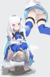 Rule 34 | 1girl, akakama, armband, ass, blue hair, blue neckerchief, blue skirt, blue thighhighs, blunt bangs, blush, boots, breasts, breath, closed mouth, collared shirt, cross-laced footwear, embarrassed, female focus, frilled skirt, frills, from behind, from below, full body, grey background, hair ornament, hairclip, half-closed eyes, hand on own knee, have to pee, highres, jacket, knee boots, knees together feet apart, lize helesta, long hair, long sleeves, looking at viewer, lower body, medium breasts, miniskirt, multicolored hair, multiple views, neckerchief, nijisanji, nose blush, panties, pantyshot, pee, peeing, peeing self, pigeon-toed, pink eyes, puddle, safety pin, shirt, sidelocks, simple background, skirt, squatting, standing, steam, streaked hair, sweat, thigh strap, thighhighs, underwear, upskirt, virtual youtuber, wavy mouth, wet, wet clothes, wet panties, white footwear, white hair, white jacket, white panties, white shirt