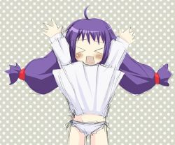 Rule 34 | 00s, 1girl, ahoge, arms up, ayase yue, bare legs, blush, closed eyes, dotted background, embarrassed, hair tie, hands up, long hair, long sleeves, low-tied long hair, mahou sensei negima!, open mouth, panties, purple hair, shirt, shirt flip, side-tie panties, solo, standing, surprised, underwear, upskirt, very long hair, white panties, white shirt