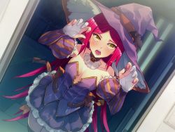 Rule 34 | 1girl, action taimanin, artist request, blush, breasts, claw pose, dress, elbow gloves, frilled dress, frills, gloves, halloween, halloween costume, hands up, hat, long hair, looking at viewer, official art, open mouth, purple dress, red hair, shiny skin, small breasts, solo, standing, su jinlei, taimanin (series), witch, witch hat