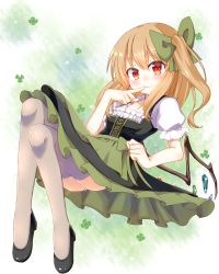 Rule 34 | 1girl, alternate color, alternate costume, alternate hair length, alternate hairstyle, apron, black footwear, blonde hair, blush, bow, breasts, clover, collarbone, commentary request, curled fingers, dirndl, finger to mouth, flandre scarlet, four-leaf clover, german clothes, gradient background, green bow, grey thighhighs, hair between eyes, hair bow, high heels, layered skirt, leaning back, long hair, misoshiru (meridianchild312), puffy short sleeves, puffy sleeves, red eyes, short sleeves, side ponytail, skirt, slit pupils, small breasts, smile, solo, thighhighs, touhou, traditional clothes, waist apron, white thighhighs, wings