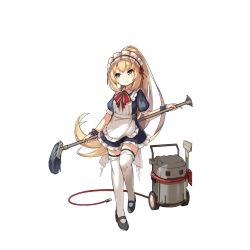 Rule 34 | alternate costume, alternate hairstyle, apron, black footwear, blonde hair, blue eyes, blush, closed mouth, deutschland (warship girls r), dress, enmaided, eyebrows, frilled apron, frilled dress, frills, full body, holding, leg lift, lino-lin, long hair, looking to the side, maid, maid apron, maid headdress, mop, official art, pigeon-toed, ponytail, puffy short sleeves, puffy sleeves, red ribbon, ribbon, shoes, short sleeves, smile, standing, standing on one leg, thighhighs, transparent background, vacuum cleaner, very long hair, warship girls r, wheel, white apron, white thighhighs, wristband, zettai ryouiki