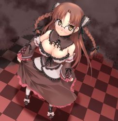 Rule 34 | 1girl, board game, braid, breasts, brown eyes, brown hair, checkered floor, chess, cleavage, clothes pull, corset, detached collar, detached sleeves, dress, footwear bow, from above, full body, glasses, goth fashion, hoshina tomoko, large breasts, long hair, shinozuka atsuto, solo, standing, to heart, to heart (series)