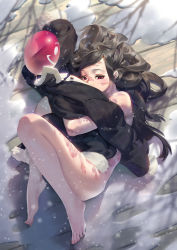 Rule 34 | 1girl, balloon, barefoot, black hair, covered mouth, covering privates, eyelashes, feet, full body, fur trim, hug, jacket, unworn jacket, karasu-san (syh3iua83), long hair, looking at viewer, lying, nude, on floor, on side, original, red eyes, scar, shadow, smiley face, snow, snowing, solo, stitches, tree shade