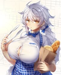 Rule 34 | 1girl, alternate breast size, alternate costume, apron, asymmetrical hair, baguette, blouse, blush, braid, braided ponytail, bread, breasts, brown eyes, bursting breasts, cleavage, food, hair between eyes, huge breasts, kantai collection, large breasts, long hair, looking at viewer, open mouth, package, pokoten (pokoten718), shirt, short sleeves, silver hair, single braid, solo, unryuu (kancolle), very long hair, wavy hair, white shirt