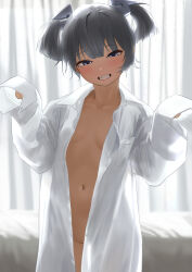 Rule 34 | 1girl, absurdres, blue eyes, breasts, collared shirt, commission, curtains, grey hair, grin, highres, i-36 (kancolle), indoors, kantai collection, long shirt, looking at viewer, naked shirt, navel, open clothes, open shirt, pixiv commission, shirt, sleeves past fingers, sleeves past wrists, small breasts, smile, solo, tama (tamago), twintails, white shirt