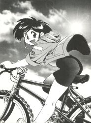 Rule 34 | 1girl, ass, bicycle, bike shorts, blush, cloud, ditama bow, hanaoka isami, highres, jacket, lens flare, looking at viewer, monochrome, open clothes, open jacket, open mouth, riding, shoes, short hair, short sleeves, shorts, sky, smile, sneakers, sun, tobe! isami