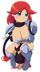 Rule 34 | 1girl, armor, blue eyes, blush, boots, breasts, buckle, cleavage, curvy, highres, large breasts, long hair, nanaeljustice, original, red hair, revealing clothes, shield, solo, squatting, thick thighs, thighs, very long hair, white background