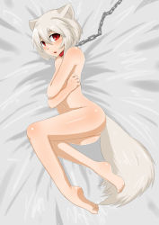 Rule 34 | 1girl, animal ears, bad anatomy, bad feet, bad id, bad pixiv id, barefoot, blush, breast hold, breasts, chain, collar, covering privates, covering breasts, dakimakura (medium), feet, female focus, full body, highres, inubashiri momiji, leash, legs, lying, nude, nude cover, on side, poorly drawn, red eyes, short hair, silver hair, solo, tail, thighs, touhou, wk (low-f), wolf ears, wolf tail