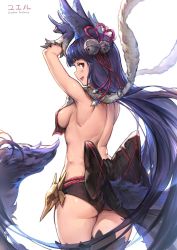 Rule 34 | 10s, 1girl, animal ears, arms up, back, bell, black hair, black thighhighs, breasts, copyright name, erune, fang, fox ears, fox tail, from behind, gloves, gou (ga673899), granblue fantasy, hair bell, hair ornament, haoni, jpeg artifacts, long hair, looking at viewer, looking back, medium breasts, open mouth, red eyes, sideboob, solo, tail, thighhighs, very long hair, white background, yuel (granblue fantasy)