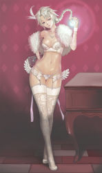 Rule 34 | 1girl, blue eyes, book, bra, braid, breasts, cleavage, cross-laced clothes, detached sleeves, diamond (shape), drawer, feather hair ornament, feathered wings, feathers, floral print, flower, full body, fur trim, garter belt, glowing, gluteal fold, hair ornament, hand on own hip, head tilt, high heels, highleg, highleg panties, highres, holding, holding book, indoors, jewelry, lace, lace-trimmed legwear, lace legwear, lace trim, light bulb, long hair, low wings, miu (qurare), mook1218, navel, necklace, panties, parted bangs, parted lips, pink ribbon, pointy ears, qurare magic library, ribbon, rose, running bond, shade, shawl, shoes, single braid, solo, standing, stomach, strap gap, string panties, thigh gap, thighhighs, thorns, tile floor, tiles, underwear, white bra, white footwear, white hair, white panties, white thighhighs, white wings, wings