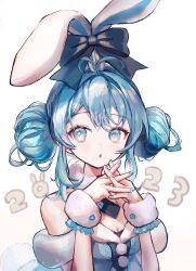 Rule 34 | 1girl, 2023, :o, absurdres, animal ears, bare shoulders, bicute bunnies miku, blue dress, blue eyes, blue hair, blue nails, breasts, cleavage, double bun, dress, fake animal ears, fur trim, hair bun, hatsune miku, highres, leotard, looking at viewer, pipi, playboy bunny, rabbit ears, simple background, small breasts, solo, upper body, vocaloid, white background