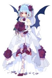 Rule 34 | 1girl, alternate costume, bare shoulders, bat wings, black wings, blood, blood stain, blue hair, blush stickers, bouquet, bow, bridal veil, closed mouth, collarbone, commentary, dress, dress flower, earrings, elbow gloves, eyelashes, flower, flower brooch, flower earrings, frilled dress, frills, full body, gloves, hair flower, hair ornament, high heels, highres, holding, holding bouquet, jewelry, layered dress, leaf, leg ribbon, long dress, looking at viewer, nikorashi-ka, petals, red eyes, red flower, red ribbon, red rose, remilia scarlet, ribbon, rose, see-through dress layer, short hair, skeletal hand, sleeveless, sleeveless dress, slit pupils, smile, solo, touhou, veil, waist bow, wavy hair, wedding dress, white background, white bow, white dress, white gloves, white veil, wings