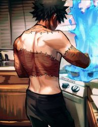 Rule 34 | 1boy, artist name, black hair, black pants, blue fire, boku no hero academia, burn scar, cooking, dabi (boku no hero academia), ear piercing, fire, from behind, highres, kitchen, male focus, multiple scars, pants, piercing, scar, scar on arm, scar on neck, sharl0ck, solo, staple, stapled, stove, topless male