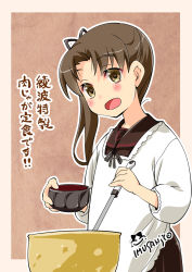Rule 34 | 10s, 1girl, :d, apron, ayanami (kancolle), bow, brown eyes, brown hair, cooking, hair bow, hair ribbon, highres, holding, imu sanjo, kantai collection, ladle, long hair, looking at viewer, open mouth, ribbon, school uniform, serafuku, side ponytail, smile, solo, translation request