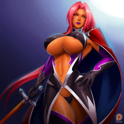 Rule 34 | 00s, 1girl, areola slip, black dress, black gloves, black panties, blush, breasts, bursting breasts, cape, center opening, curvy, dark-skinned female, dark skin, dress, elbow gloves, female focus, gloves, gradient background, head tilt, holding, holding weapon, ingrid (taimanin asagi), large breasts, lilith-soft, lipstick, long hair, looking at viewer, makeup, mole, mole under mouth, navel, panties, pink hair, revealing clothes, shiny skin, solo, svoidist, sword, taimanin (series), taimanin asagi, taimanin murasaki, thighhighs, thong, tight clothes, underboob, underwear, very long hair, weapon, yellow eyes