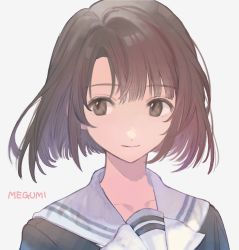 Rule 34 | 1girl, bob cut, brown eyes, brown hair, character name, closed mouth, commentary request, fujie-yz, grey background, highres, katou megumi, looking to the side, portrait, saenai heroine no sodatekata, sailor collar, school uniform, serafuku, short hair, simple background, solo, white sailor collar
