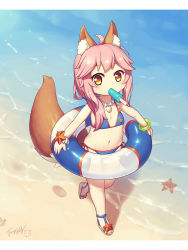 Rule 34 | 1girl, aged down, animal ear fluff, animal ears, bare shoulders, beach, bikini, blue bikini, blush, bracelet, brown footwear, brown hair, fate/grand order, fate (series), flat chest, food, food in mouth, fox ears, fox girl, fox tail, highres, holding, holding swim ring, innertube, jewelry, langbazi, letterboxed, long hair, looking at viewer, mouth hold, navel, necklace, outdoors, pink hair, popsicle, sand, sandals, side-tie bikini bottom, sidelocks, signature, solo, standing, standing on one leg, starfish, sunset, swim ring, swimsuit, tail, tail raised, tamamo (fate), tamamo no mae (fate/extra), tamamo no mae (swimsuit lancer) (fate), water