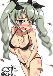 Rule 34 | 1girl, anchovy (girls und panzer), artist name, bikini, blush, breasts, covering privates, covering crotch, cro, drill hair, girls und panzer, green hair, hair ribbon, highres, long hair, looking at viewer, medium breasts, navel, open mouth, red eyes, ribbon, swimsuit, twintails, white background, wind