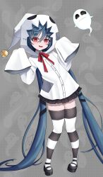 Rule 34 | 1girl, absurdly long hair, absurdres, black skirt, blue hair, blush, breasts, fang, ghost, ghost pose, highres, idol corp, long hair, long sleeves, neck ribbon, open mouth, red eyes, red ribbon, ribbon, skirt, sleeves past fingers, sleeves past wrists, small breasts, smile, solo, suzuhachi, thighhighs, very long hair, virtual youtuber, white hood, yuko yurei