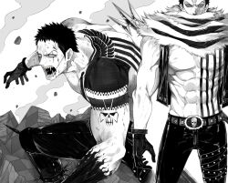 Rule 34 | 1boy, abs, back tattoo, bake ryori, black gloves, blood, blood on face, charlotte katakuri, chest tattoo, covered mouth, gloves, greyscale, highres, looking at viewer, male focus, monochrome, muscular, muscular male, one piece, open mouth, pectorals, polearm, rubble, scarf, sharp teeth, shoulder tattoo, skull, spiked anklet, tattoo, teeth, trident, weapon