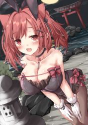 Rule 34 | 1girl, animal ears, azur lane, bare shoulders, blush, bow, breasts, brown pantyhose, cat ears, choker, cleavage, collarbone, fake animal ears, fang, gloves, hair ornament, hairclip, hands on own knees, highres, i-19 (azur lane), i-19 (blossoming bunny) (azur lane), large breasts, leotard, medium hair, moon, night, open mouth, oppai loli, pantyhose, playboy bunny, rabbit ears, red eyes, red hair, shiraishi mamim, skin fang, smile, solo, stone lantern, torii, torpedo, twintails, white gloves, x hair ornament