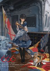 Rule 34 | 1girl, :p, animal, black footwear, black hair, black pantyhose, blue dress, blunt bangs, braid, cable, dog, door, dress, eye contact, flag, full body, glasses, hair over shoulder, hjl, holding, indoors, instrument, layered dress, letterboxed, long sleeves, looking at another, looking down, military, military vehicle, original, pantyhose, red-framed eyewear, ship, shoes, solo, speaker, standing, string of flags, teeth, tongue, tongue out, trumpet, twin braids, twintails, warship, watercraft, welsh corgi