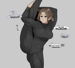 Rule 34 | 1girl, abs, absurdres, arms up, bodysuit, breasts, brown eyes, brown hair, commentary, english commentary, english text, eyes visible through hair, geumgang (odd snail), grey background, highres, leg up, long sleeves, medium breasts, muscular, muscular female, oddsnail, open mouth, original, short hair, simple background, skin tight, solo, speech bubble, split, standing, standing on one leg, standing split, translation request