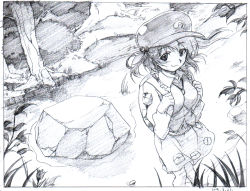 Rule 34 | 1girl, backpack, bag, black border, border, boulder, breasts, closed mouth, dated, graphite (medium), grass, greyscale, hair bobbles, hair ornament, happy, hat, jacket, kawashiro nitori, long sleeves, looking at viewer, makicha (sasurainopink), monochrome, nature, outdoors, pocket, pouch, river, rock, short hair, skirt, smile, solo, standing, touhou, traditional media, tree, two side up, vest, water