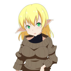 Rule 34 | 1girl, alternate costume, blonde hair, cato (monocatienus), green eyes, long sleeves, looking at viewer, mizuhashi parsee, open mouth, pointy ears, ribbed sweater, solo, sweater, touhou, undershirt