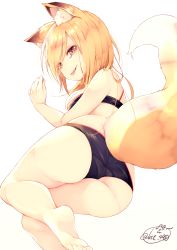 Rule 34 | 1girl, animal ear fluff, animal ears, ass, bare arms, bare legs, bare shoulders, barefoot, black bra, black panties, blonde hair, bra, breasts, chita (ketchup), eyes visible through hair, feet, female focus, fox ears, fox tail, highres, looking at viewer, multicolored eyes, panties, simple background, soles, solo, tail, teeth, thick eyebrows, toes, tongue, tongue out, underwear, underwear only, white background
