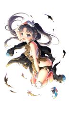 Rule 34 | 1girl, bandages, bike shorts, black hair, blush, bracelet, copyright request, fang, formation girls, gloves, hair ornament, hairclip, highres, jacket, jewelry, kamura poku, kanbayashi fuuko, long hair, looking at viewer, military jacket, official art, open mouth, outstretched arm, sarashi, shoes, unworn shoes, solo, tears, thighhighs, torn clothes, transparent background, white gloves