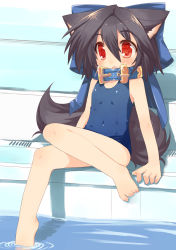 Rule 34 | 1girl, animal ears, barefoot, black hair, blush, cat ears, cat girl, cat tail, collar, dog ears, dog tail, fang, feet, female focus, flat chest, highres, kannagi cocoa, one-piece swimsuit, original, red eyes, school swimsuit, sitting, soaking feet, solo, swimsuit, tail, toba hiyoko, water