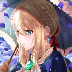 Rule 34 | 10s, 1girl, bad id, bad pixiv id, blonde hair, blue eyes, blue jacket, blush, bouquetforangel, braid, brooch, brown gloves, close-up, closed mouth, commentary request, falling petals, gloves, hair between eyes, hair bun, hair intakes, hair ribbon, highres, holding, holding umbrella, jacket, jewelry, necklace, parasol, petals, red ribbon, ribbon, sidelocks, single hair bun, umbrella, violet evergarden, violet evergarden (series), white neckwear