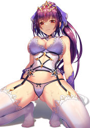 Rule 34 | 1girl, bare shoulders, blush, breasts, cameltoe, camisole, cleavage, closed mouth, detached sleeves, fate/grand order, fate (series), garter straps, gluteal fold, hair between eyes, hair ribbon, large breasts, leaning back, long hair, looking at viewer, panties, pink camisole, ponytail, purple hair, purple panties, purple ribbon, red eyes, ribbon, scathach (fate), scathach skadi (fate), scathach skadi (third ascension) (fate), simple background, solo, squatting, sweat, tako seijin, thighhighs, thighs, tiara, underwear, white background, white thighhighs