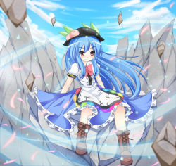 Rule 34 | 1girl, aaaa-mema, blue hair, boots, bow, cross-laced footwear, dress, female focus, food, fruit, hat, hinanawi tenshi, lace-up boots, long hair, peach, red eyes, smile, solo, touhou