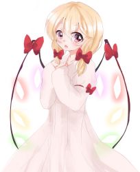Rule 34 | 1girl, alternate costume, alternate hairstyle, asymmetrical wings, blonde hair, eyes visible through hair, flandre scarlet, hair between eyes, highres, looking at viewer, low twintails, ma-a, open mouth, pajamas, red eyes, short hair, sketch, solo, touhou, twintails, wings
