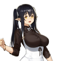 Rule 34 | 1girl, :d, bangle, black hair, bow, bowtie, bracelet, breasts, brown shirt, dress, elf, elf (houtengeki), houtengeki, jewelry, large breasts, long hair, looking at viewer, open mouth, original, pointy ears, shirt, simple background, smile, solo, twintails, underbust, upper body, white background, white dress, yellow eyes
