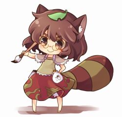 Rule 34 | 1girl, animal ears, brown eyes, brown hair, brown shirt, brown skirt, calligraphy brush, chibi, closed mouth, futatsuiwa mamizou, glasses, gourd, holding, holding brush, leaf, leaf on head, looking at viewer, lowres, paintbrush, raccoon ears, raccoon girl, raccoon tail, sen1986, shirt, short hair, short sleeves, simple background, skirt, smile, solo, standing, tail, touhou, white background