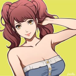 Rule 34 | 1girl, arm up, armpits, artist name, bare shoulders, blue dress, breasts, brown eyes, brown hair, closed mouth, collarbone, dress, eyelashes, kujikawa rise, lepypepy, lips, long hair, looking at viewer, medium breasts, outline, persona, persona 4, sidelocks, signature, simple background, solo, strapless, strapless dress, swept bangs, twintails, upper body, white outline, yellow background