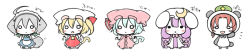 Rule 34 | 5girls, :&lt;, :o, :x, ahoge, animal costume, animal ears, animal hood, apron, ascot, bat wings, beret, blonde hair, blue dress, blue hair, blush, blush stickers, bow, bowtie, cat girl, cat tail, chibi, colored skin, crescent, crescent hat ornament, dog ears, dog girl, dog tail, dress, fake animal ears, fang, flandre scarlet, frilled dress, frills, green bow, green headwear, hair between eyes, hair bow, hat, hat ornament, hong meiling, hood, inu sakuya (nejikirio), izayoi sakuya, long hair, looking at viewer, maid, maid headdress, mob cap, multicolored clothes, multicolored dress, multiple girls, nejikirio, o o, open mouth, panda costume, panda ears, panda hood, parted bangs, patchouli knowledge, pink bow, pink dress, pink headwear, purple dress, purple hair, rabbit ears, red dress, red hair, remilia scarlet, short hair, side ponytail, simple background, smile, standing, star (symbol), star hat ornament, tail, touhou, traditional bowtie, translation request, very long hair, waving, white apron, white background, white dress, white headwear, white skin, wings, yellow neckwear