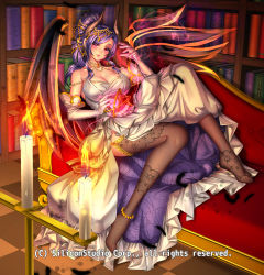 Rule 34 | 1girl, blush, book, breasts, candle, cleavage, company name, couch, curly hair, feathers, full body, gloves, gyakushuu no fantasica, highres, horns, huge breasts, jewelry, necklace, no shoes, official art, pink eyes, ponytail, purple hair, ryuki@maguro-ex, sitting, solo, thighhighs, veins, veiny breasts, wings