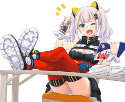 Rule 34 | 1girl, ;d, bare shoulders, black dress, black footwear, blunt bangs, blush, boots, breasts, cameltoe, can, cleavage, cleavage cutout, clothing cutout, dress, hair ornament, hairclip, head tilt, holding, holding can, kaguya luna, legs on table, medium breasts, nakajima yuka, obi, one eye closed, open mouth, panties, pantyshot, red thighhighs, sash, shoe soles, sidelocks, silver hair, sitting, sleeveless, sleeveless dress, smile, solo, strong zero, the moon studio, thighhighs, twintails, underwear, v-shaped eyebrows, virtual youtuber, white panties
