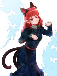 Rule 34 | 1girl, :3, alternate hairstyle, animal ears, bow, cat ears, cat tail, dress, dungeon toaster, extra ears, floral print, hair down, highres, hitodama, kaenbyou rin, long sleeves, looking at viewer, multiple tails, nekomata, paw pose, pointy ears, red eyes, red hair, solo, tail, touhou, two tails