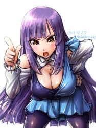 Rule 34 | 1girl, amania orz, blush, breasts, brown eyes, cleavage, clothing cutout, collarbone, dated, gundam, gundam zz, hand on own hip, index finger raised, large breasts, leaning forward, long hair, open mouth, pantyhose, purple hair, roux louka, shiny clothes, shoulder cutout, sidelocks, simple background, solo, twitter username, white background