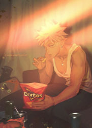 Rule 34 | 1boy, absurdres, alternate costume, artist name, bakugou katsuki, blonde hair, boku no hero academia, can, collarbone, doritos, earrings, food, highres, holding, holding food, indoors, jewelry, light, male focus, nachos, necklace, open mouth, pants, seat, short hair, sitting, solo, spiked hair, table, tank top, toned, toned male, tongue, wengwengchim, white hair