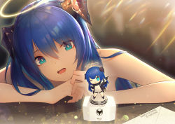 Rule 34 | 1girl, absurdres, arknights, bare arms, bare shoulders, blue eyes, blue hair, chibi, copyright name, figure, hair between eyes, halo, highres, horns, jiusan naitang, long hair, looking at viewer, mostima (arknights), open mouth, solo