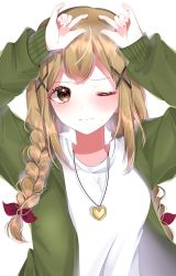 Rule 34 | 1girl, alternate hairstyle, bad id, bad twitter id, bang dream!, blonde hair, blush, braid, brown hair, cardigan, chiyosama, closed mouth, collarbone, commentary, green cardigan, green jacket, hair ornament, hair ribbon, hairclip, hand up, heart, heart necklace, highres, ichigaya arisa, jacket, jewelry, long hair, long sleeves, looking at viewer, necklace, one eye closed, red ribbon, ribbon, shirt, sidelocks, simple background, sleeve cuffs, sleeves past wrists, solo, sweatdrop, upper body, white background, white shirt, x hair ornament