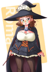 Rule 34 | 1girl, absurdres, black hat, blush, breasts, brown eyes, brown hair, brown pantyhose, cape, character name, cleavage, commission, frills, glasses, halloween, halloween costume, hat, highres, holding, holding wand, kantai collection, large breasts, long sleeves, looking at viewer, official alternate costume, open mouth, pantyhose, pince-nez, pixiv commission, roma (kancolle), shin (shin k009), solo, wand, witch hat